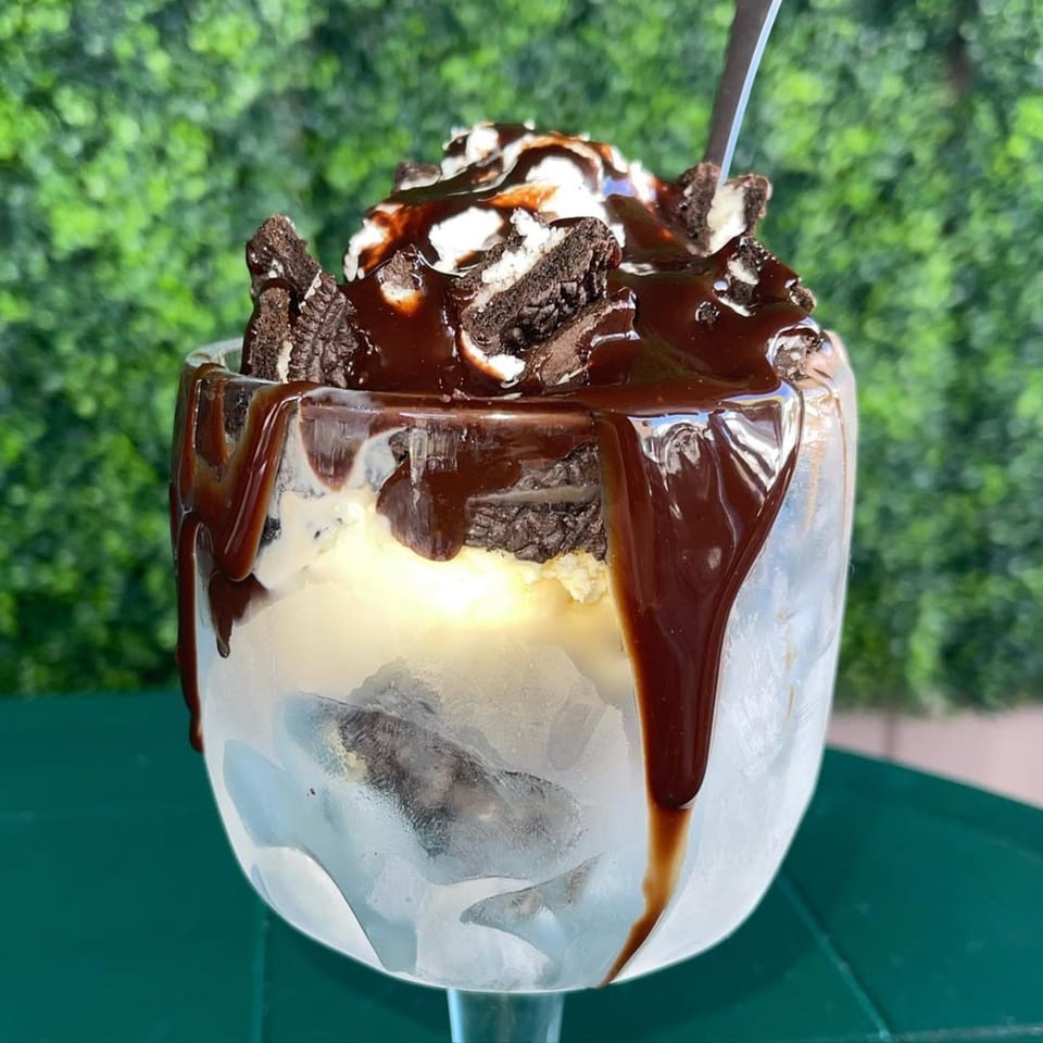 Eat'n Park's vanilla ice cream sundae with chocolate syrup, whipped cream, and Oreo crumbles.