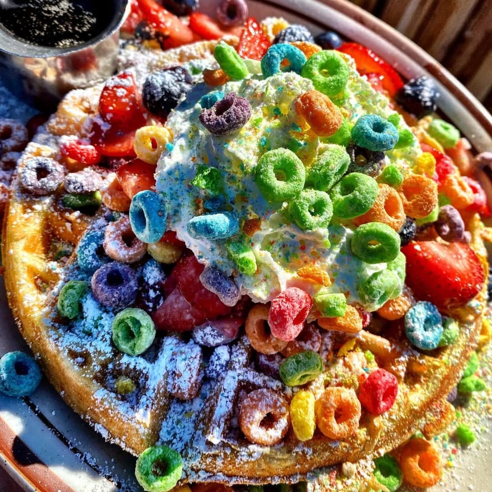 Eat'n Park's colorful waffle topped with whipped cream, Froot Loops, strawberries, blueberries, and powdered sugar.