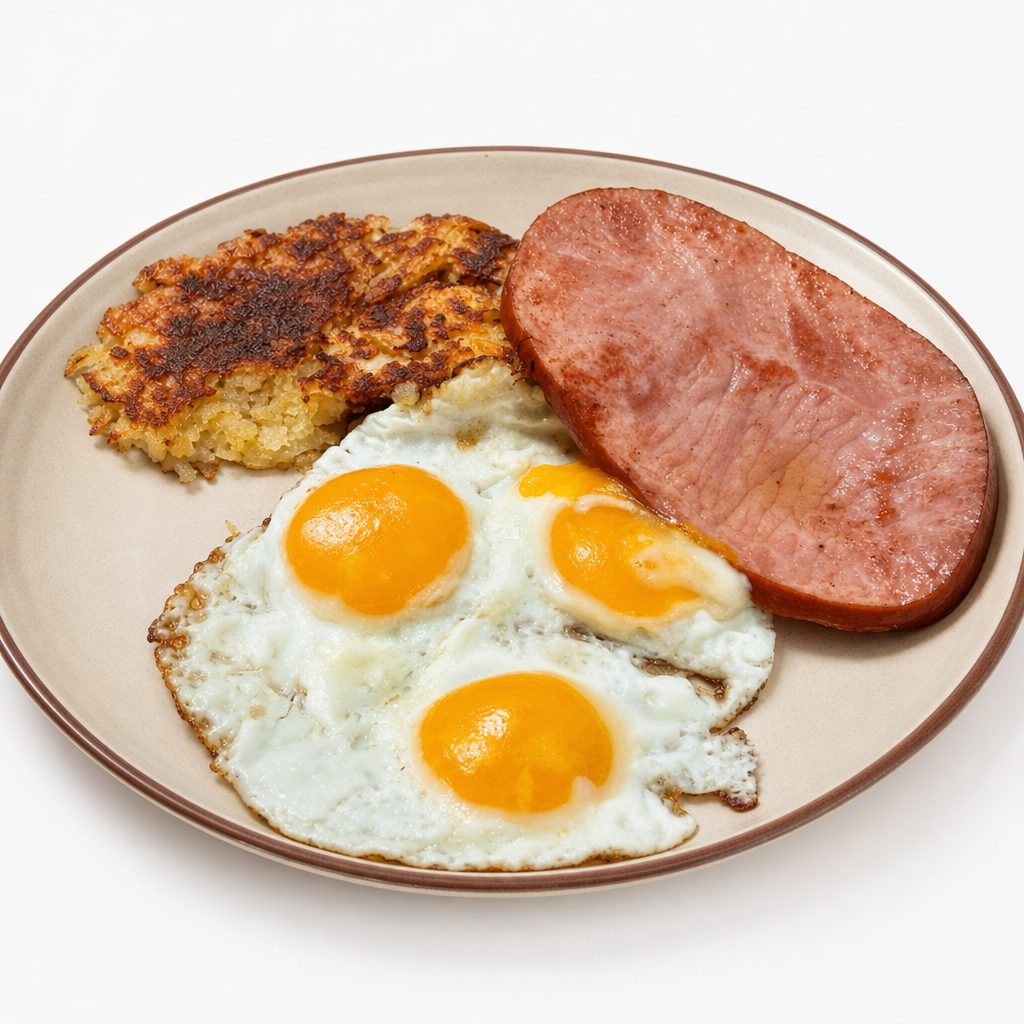 Ham Steak with 3 X-Large Eggs.