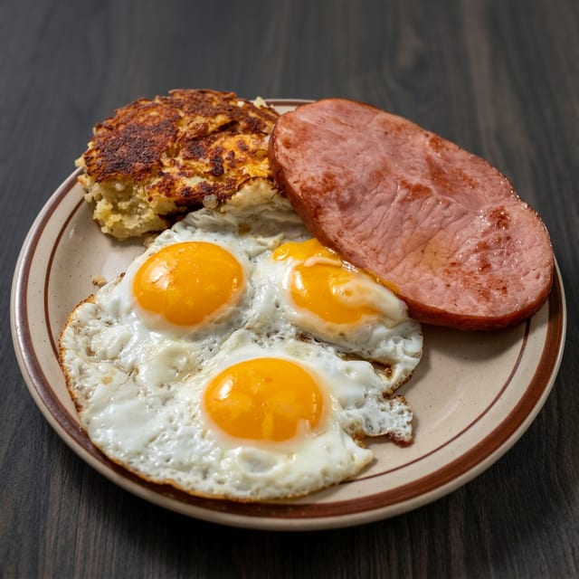 Ham Steak with 3 X-Large Eggs.