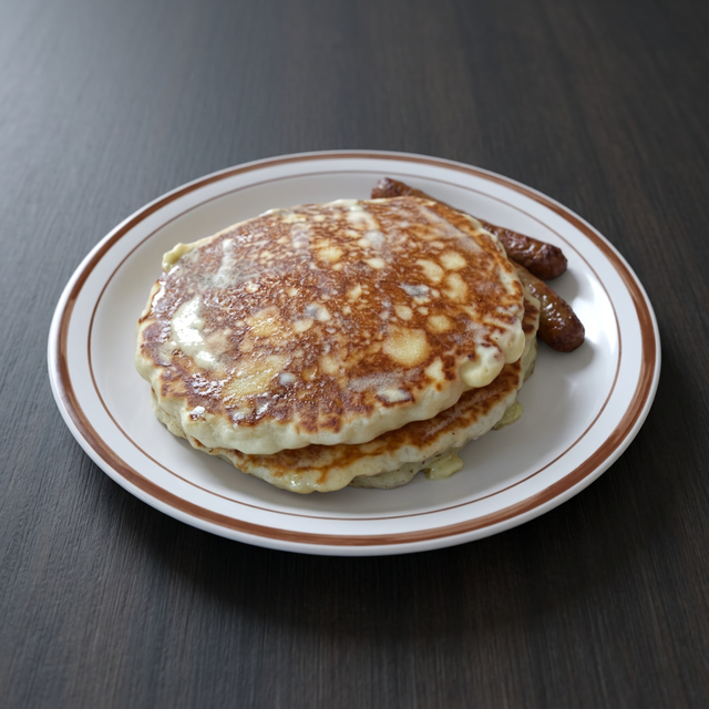 3 Buttermilk Pancakes with Bacon or Sausage.